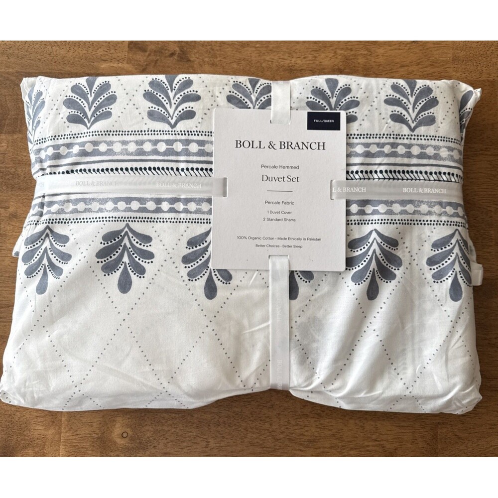 Boll & Branch Duvet Cover Set Full / Queen Dot Blossom Pattern White/Grey NEW